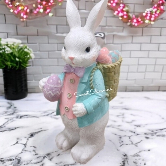 14" Easter Bunny Rabbit w/ Basket of Eggs Pink Pastel Sparkly Spring Decor NEW - Picture 8 of 14
